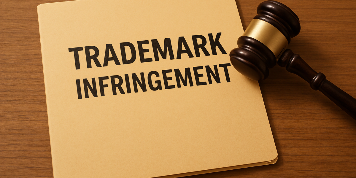 Desk with file folder on it that says "Trademark Infringement" with a gavel - Finkel Law Group